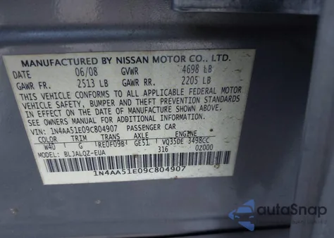 2009 Nissan Maxima 3.5 S from USA, damaged, VIN 1N4AA51E09C804907